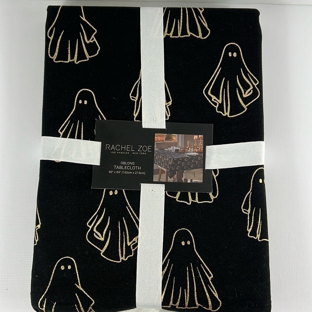 🛍️Rachel Zoe Halloween Tablecloth Oblong 60"x 84"- Black with Gold Ghost Cotton